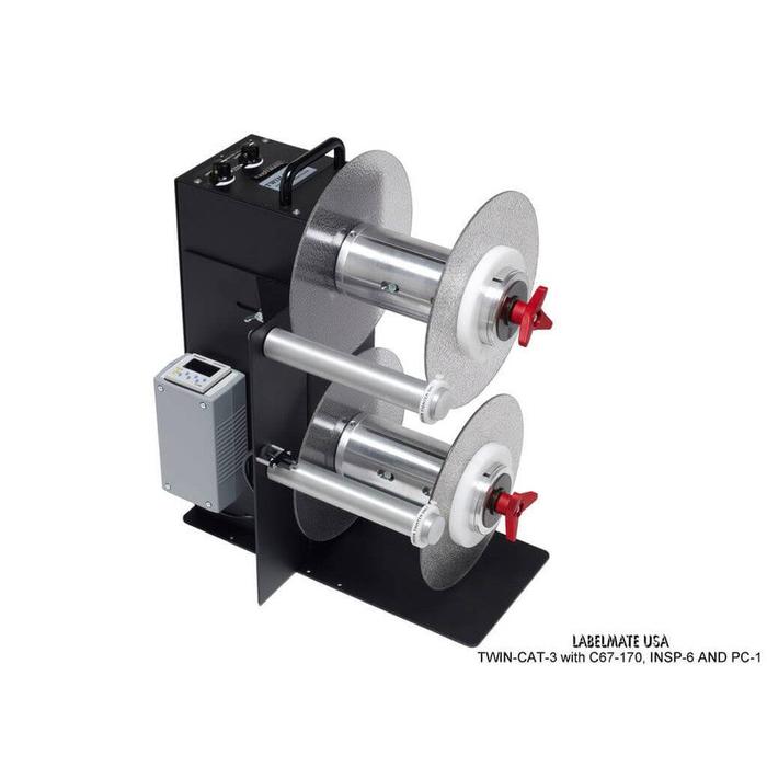 Labelmate Vertical Rewind Station with independent, bi-directional rewind/unwind control TWIN-CAT-3-Rewinders-BeastBranding