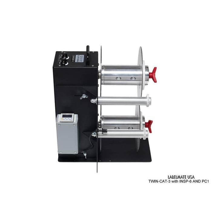 Labelmate Vertical Rewind Station with independent, bi-directional rewind/unwind control TWIN-CAT-3-Rewinders-BeastBranding