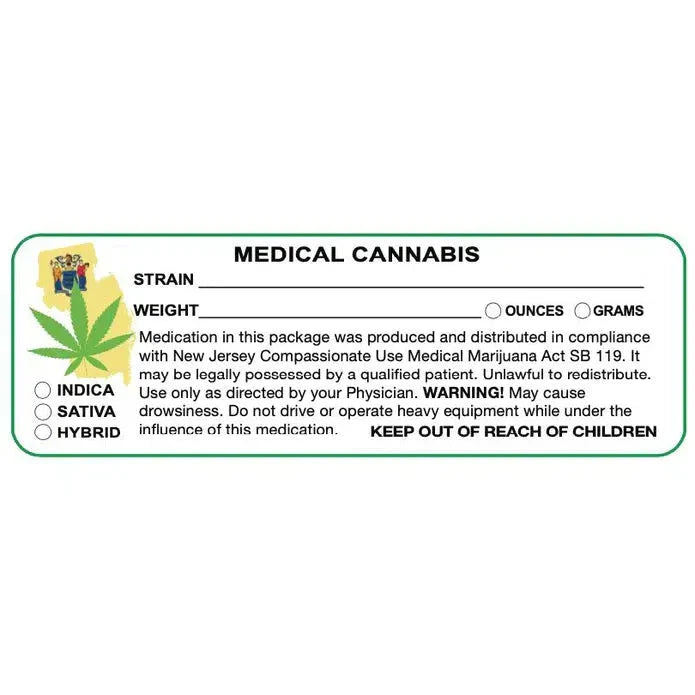 New Jersey "Canna Strain & Weight Label" 1" x 3" Inch 1000 Count-Prescription Labels & State Compliant Labels-BeastBranding