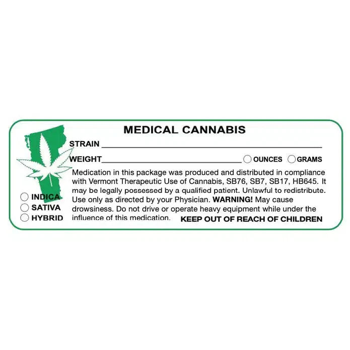 Vermont "Canna Strain & Weight Label" 1" x 3" Inch 1000 Count-Prescription Labels & State Compliant Labels-BeastBranding