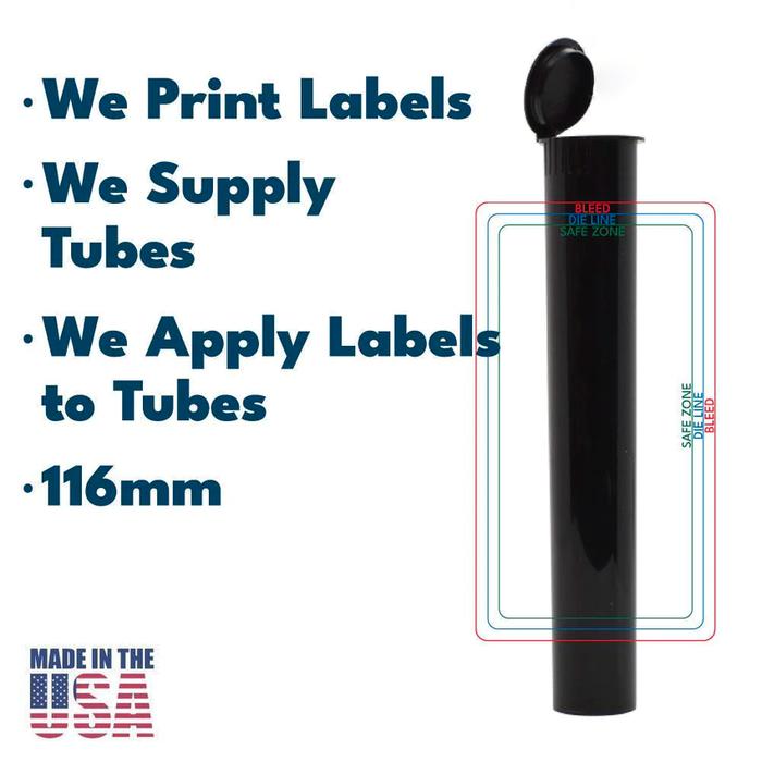 116mm Blunt Tube, with Printed Sticker and Application of sticker! Black, White or Clear Tubes-Custom Print Stickers-BeastBranding