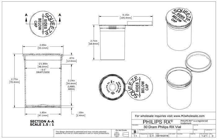 Philips RX 30 Dram Pop Top Vial - 1/4 Oz - Child Resistant - Black - Opaque - (150 - 10,800 Count)-Pop Top Vials-BeastBranding